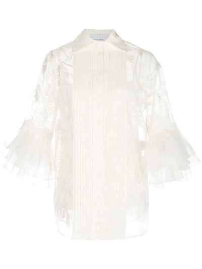 Shop Marchesa Sheer Floral Pattern Blouse In White