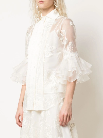 Shop Marchesa Sheer Floral Pattern Blouse In White