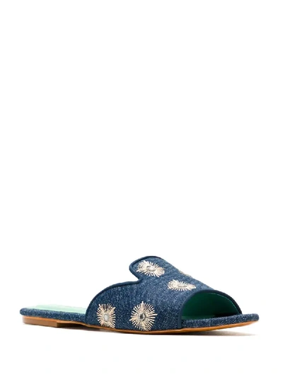 Blue Bird Shoes Mirror Embellished Denim Slides In Blue