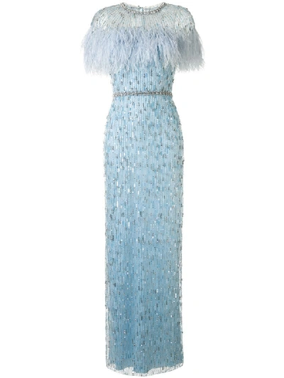 Shop Jenny Packham Feather-embellished Column Gown In Blue