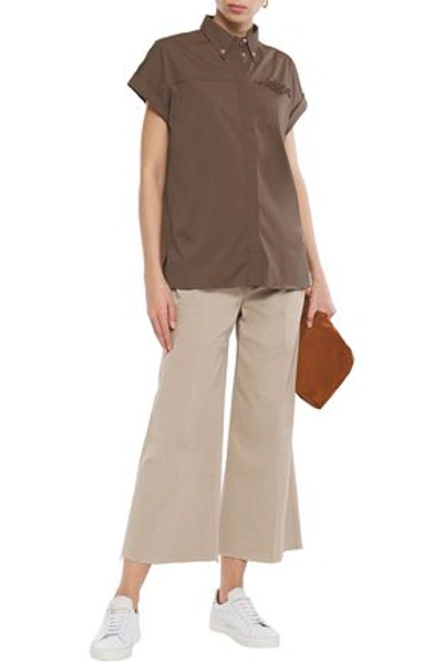 Shop Brunello Cucinelli Embellished Cotton-blend Poplin Shirt In Mushroom