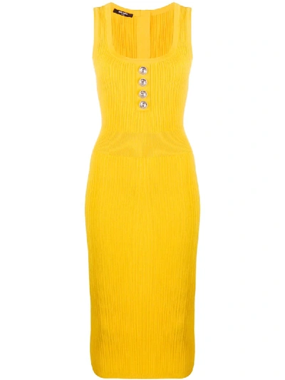 Shop Balmain Knitted Fitted Dress In Yellow
