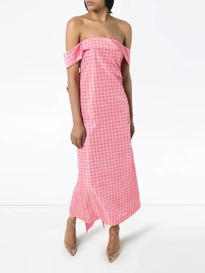 Shop Bernadette Julia Gingham Off-the-shoulder Gown In Pink