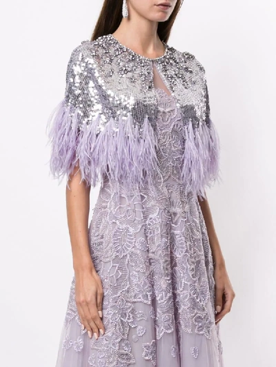 Shop Jenny Packham Sequinned Capelet With Feather Trim In Purple