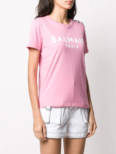 Shop Balmain Logo Button T-shirt In Pink