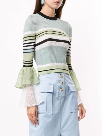 Shop Self-portrait Ribbed Ruffle Sleeves Top In Green