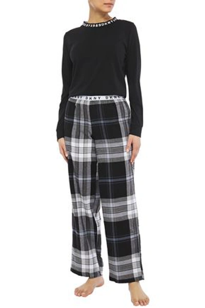 Shop Dkny Check Please Printed Cotton-blend Flannel Pajama Pants In Black