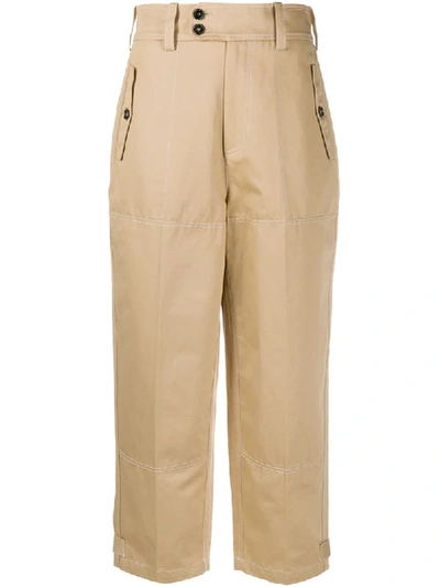 Shop Marni Contrast Top-stitching Cropped Trousers In Neutrals