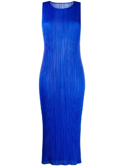 Shop Issey Miyake Pleated Midi Dress In Blue