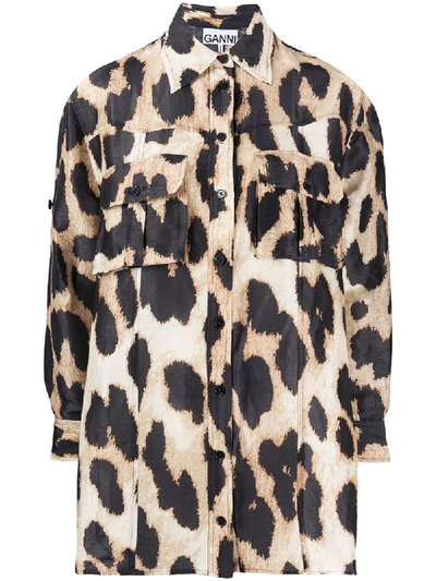 Shop Ganni Leopard Print Shirt In Neutrals