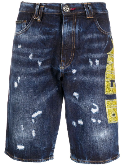 Shop Philipp Plein Studded Logo Distressed Shorts In Blue