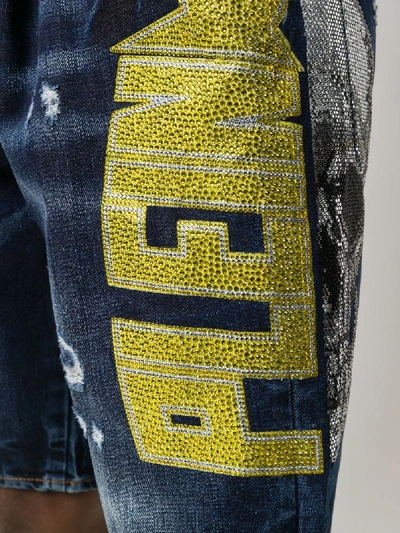 Shop Philipp Plein Studded Logo Distressed Shorts In Blue