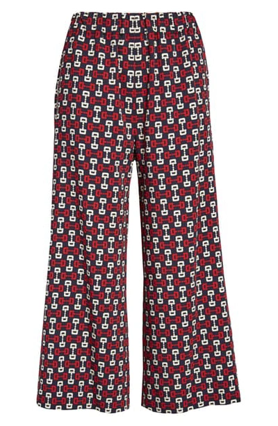 Shop Gucci Heritage Horsebit Print Wide Leg Crop Pants In Blue/ Ivory Printed