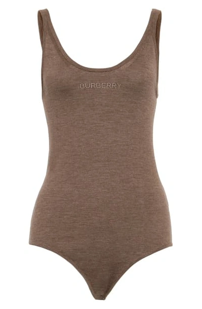 Shop Burberry Logo Embroidered Cashmere Blend Bodysuit In Pecan Melange