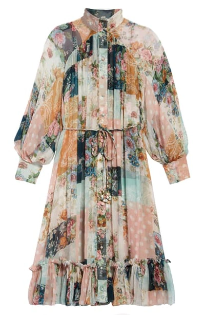 Shop Zimmermann Wavelength Mixed Print Long Sleeve Silk Midi Dress In Patchwork Floral