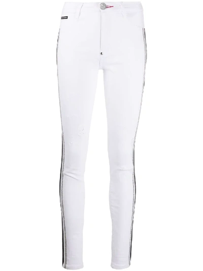 Shop Philipp Plein Striped Skinny Jeans In White