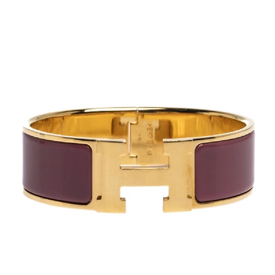 Pre-owned Hermes Clic Clac H Mauve Enamel Gold Plated Wide Bracelet Gm In Pink