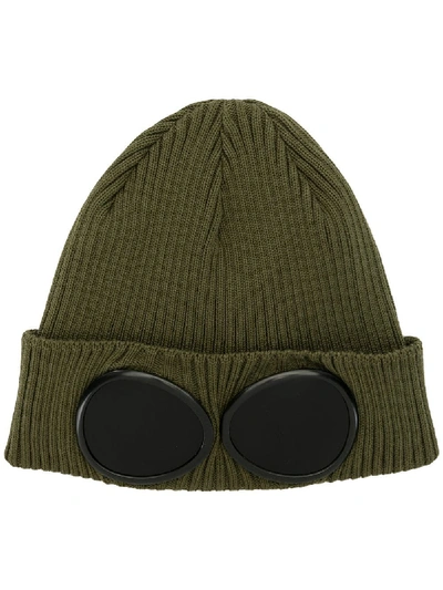Shop C.p. Company Goggle-detailed Ribbed Cotton Beanie Hat In Green