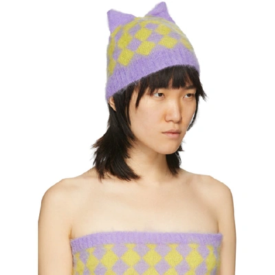 Shop Ashley Williams Purple And Yellow Mohair Diamond Cat Beanie In Lilac/yello