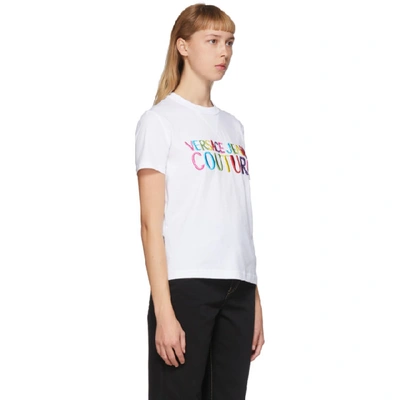 Shop Versace Jeans Couture White Embroidered Logo T-shirt In E003 White