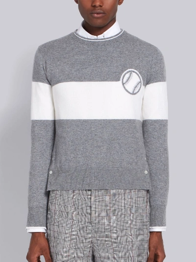 Shop Thom Browne Light Grey Cashmere Striped Baseball Icon Crewneck Pullover