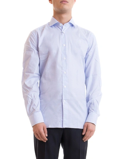 Shop Corneliani Logo Patch Check Print Cotton Shirt In Light Blue