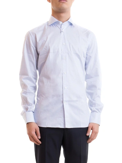 Shop Corneliani Logo Patch Printed Cotton Shirt In Light Blue