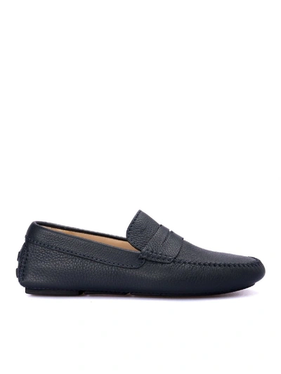 Shop Brioni Penny Bar Hammered Leather Loafers In Blue