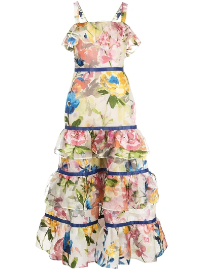 Shop Marchesa Tiered Floral Print Dress In Multicolour