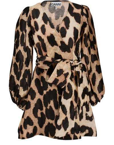 Shop Ganni Linen And Silk Wrap Dress In Maxi Leopard