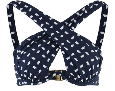 Shop Self-portrait Cross-over Bikini Top In Navy/white