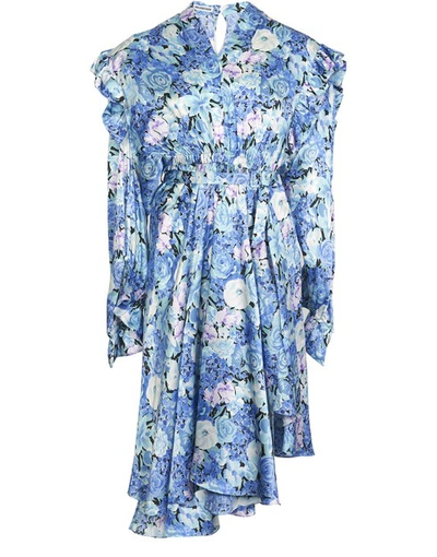 Shop Balenciaga Gather Floral Silk Satin Dress In Blue