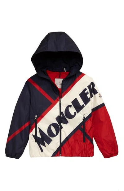 Shop Moncler Bert Logo Print Down Hooded Jacket In Red