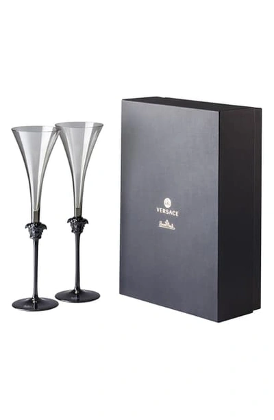 Shop Versace Medusa Lumiere Haze Set Of 2 Champagne Flutes In Clear/ Black
