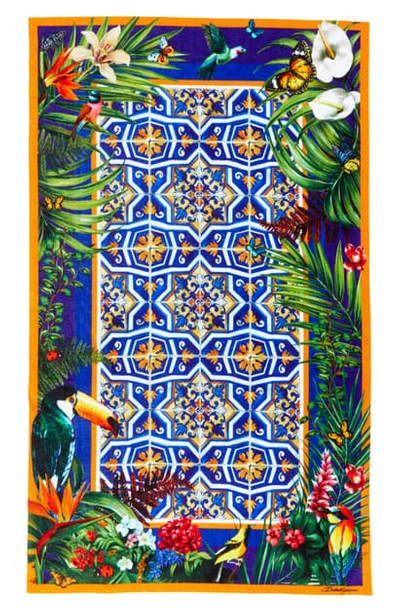 Shop Dolce & Gabbana Tile Print Beach Towel In Blue Tropic