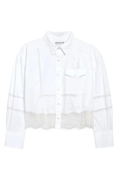 Shop Self-portrait Lace Trim Crop Cotton Poplin Shirt In White