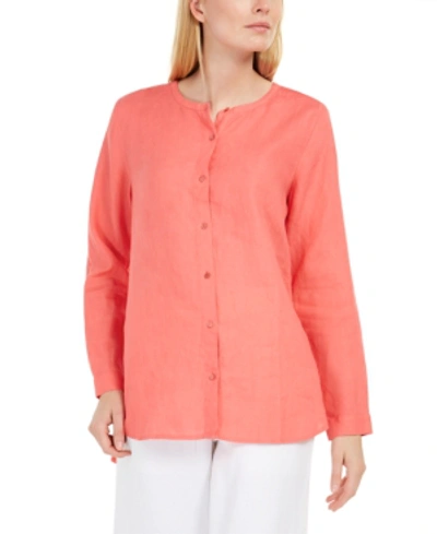Shop Eileen Fisher Organic Linen Collarless Shirt, Regular & Petite Sizes In Pink Grapefruit