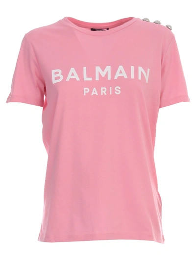 Shop Balmain Cropped Ss Logo Tshirt In Oaj Rose Blanc