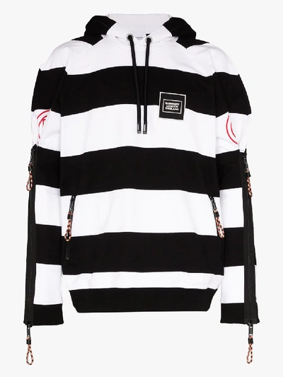 Shop Burberry Striped Logo Sleeve Cotton Hoodie In Black