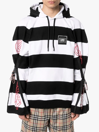 Shop Burberry Striped Logo Sleeve Cotton Hoodie In Black