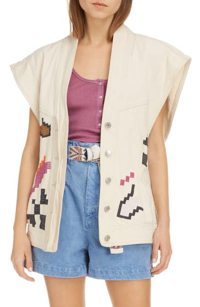 Shop Isabel Marant Erilane Embroidered Denim Vest In Ecru