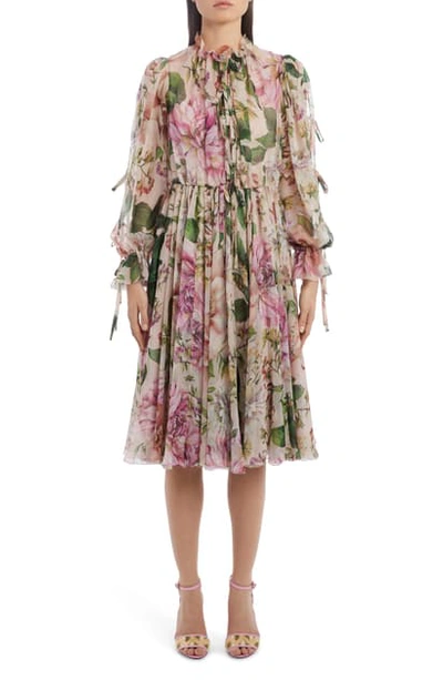 Shop Dolce & Gabbana Tie Detail Floral Silk Chiffon Long Sleeve Dress In Pink Floral