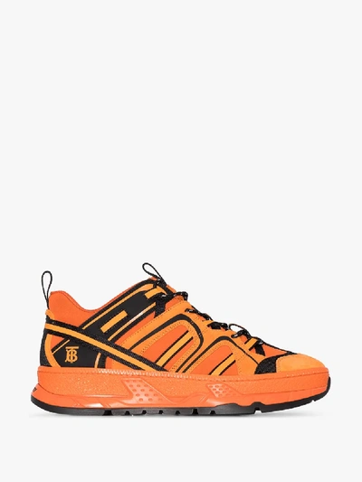 Shop Burberry Orange Union Leather Sneakers