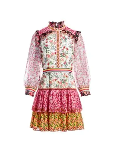 Shop Alice And Olivia Kathy Patchwork Floral Tiered Mini Dress In Meadow Magic
