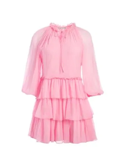 Shop Alice And Olivia Layla Puff-sleeve Silk Tiered Mini Dress In Electric Pink