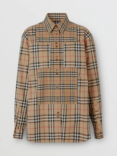 Shop Burberry Contrast Check Stretch Cotton Shirt In Archive Beige