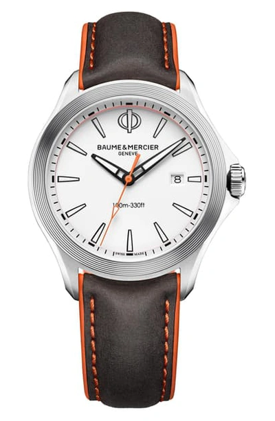Shop Baume & Mercier Clifton Leather Strap Watch, 42mm In White/black