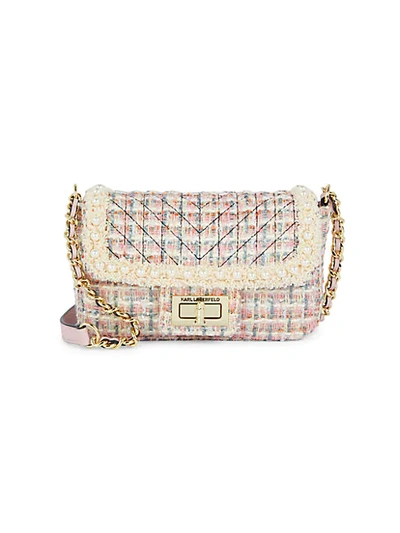 Shop Karl Lagerfeld Agyness Faux Pearl-embellished Tweed Shoulder Bag In Candy Pink