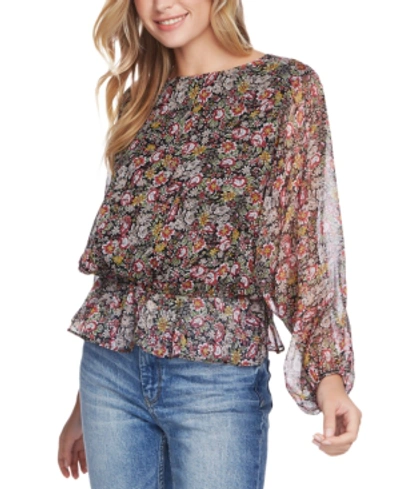 Shop 1.state Forest Gardens Fitted-waist Sheer-sleeve Top In Black Multi