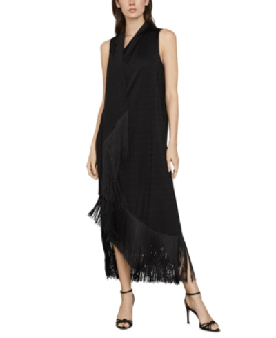 Shop Bcbgmaxazria Knit Asymmetrical Fringed-hem Dress In Black